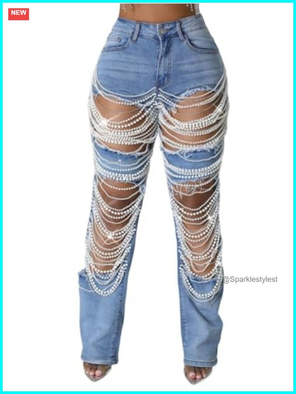 Ripped High Waisted Pearl Chain Baggy Wide Leg Jeans